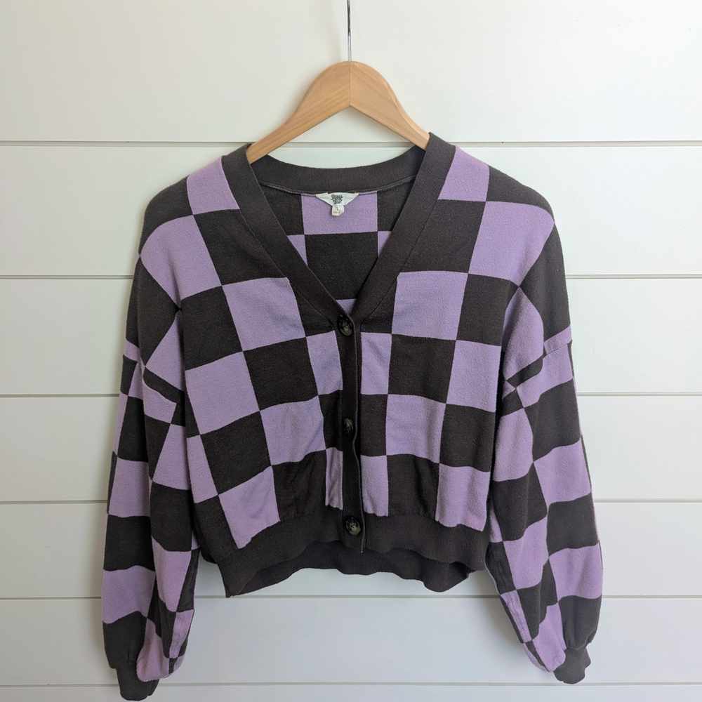 Chunky Checkered Colorblock Cropped Cardigan Large Lavender And Brown Eclectic